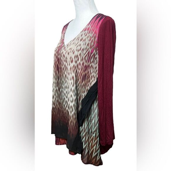 Poeme By Citron Size L Red Top Tunic Draped Sheer Chevron Leopard Print Flowy - Picture 2 of 6
